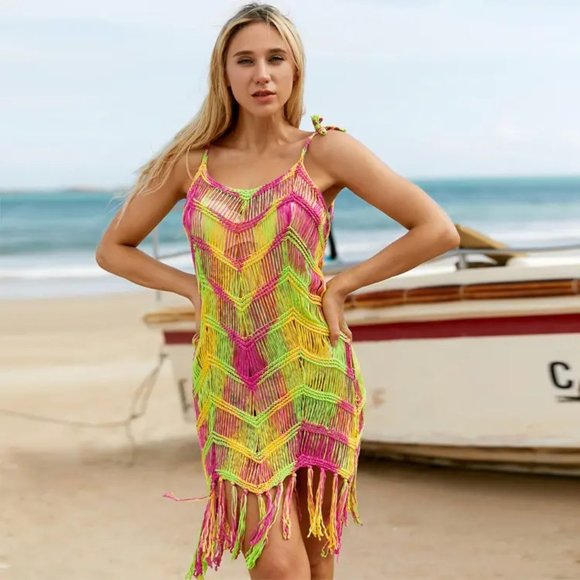 BOHO Swim Dress Crochet Beach Cover Up Colorful Bikini Cover Up Mesh Swim Shirt - Picture 3 of 10